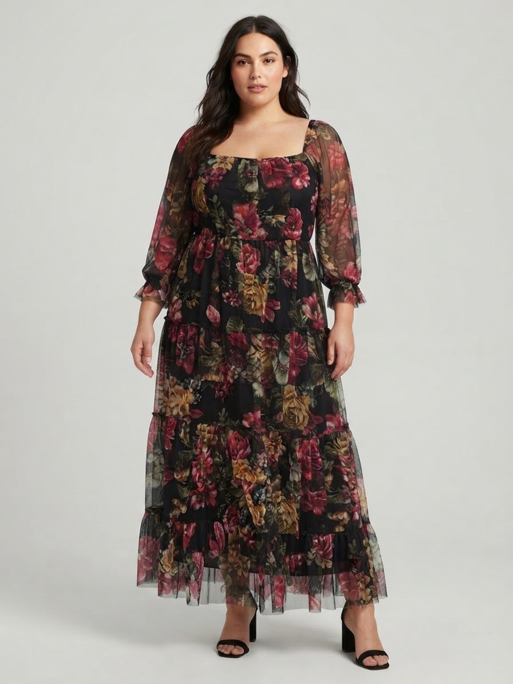 Candalie Warren Womens 3X Black Floral Mesh Sheer Lined Maxi Dress V-Neck